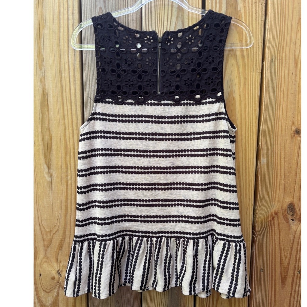 Free People M  Eyelet Lace Striped‎ Peplum Tank Top Cream Black  Boho Coastal - Picture 3 of 7